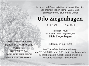 Traueranzeige von Udo Ziegenhagen von Neubrandenburger Zeitung