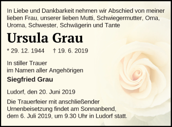 Traueranzeige von Ursula Grau von Müritz-Zeitung