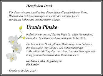 Traueranzeige von Ursula Pinske von Pasewalker Zeitung