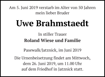 Traueranzeige von Uwe Brahmstaedt von Pasewalker Zeitung