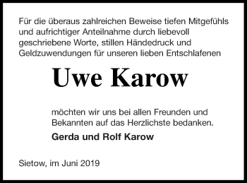 Traueranzeige von Uwe Karow von Müritz-Zeitung