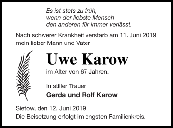 Traueranzeige von Uwe Karow von Müritz-Zeitung