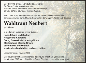 Traueranzeige von Waldtraut Neubert von Haff-Zeitung