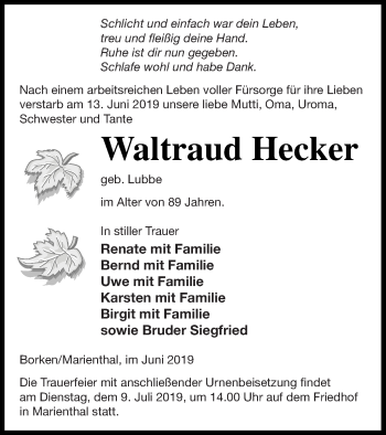 Traueranzeige von Waltraud Hecker von Pasewalker Zeitung