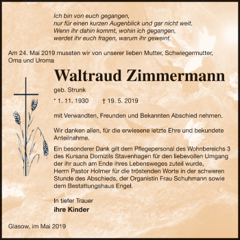 Traueranzeige von Waltraud Zimmermann von Mecklenburger Schweiz