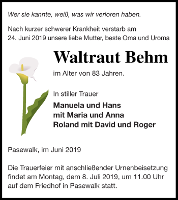 Traueranzeige von Waltraut Behm von Pasewalker Zeitung