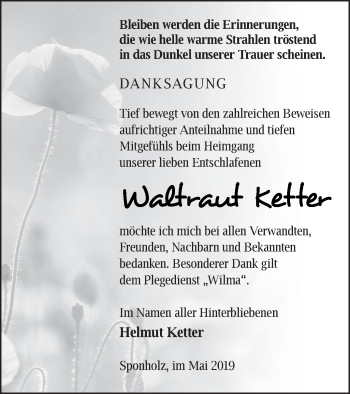 Traueranzeige von Waltraut Ketter von Neubrandenburger Zeitung