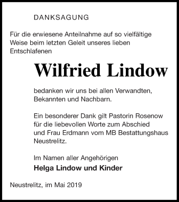 Traueranzeige von Wilfried Lindow von Strelitzer Zeitung