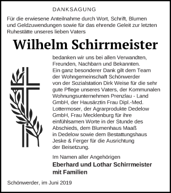 Traueranzeige von Wilhelm Schirrmeister von Prenzlauer Zeitung