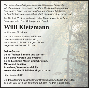 Traueranzeige von Willi Kietzmann von Haff-Zeitung