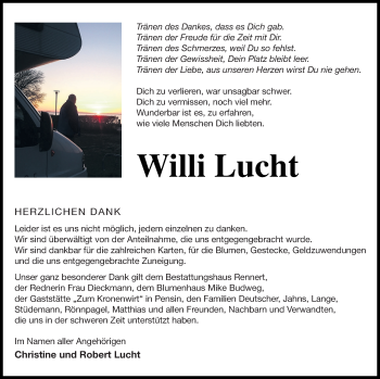 Traueranzeige von Willi Lucht von Vorpommern Kurier