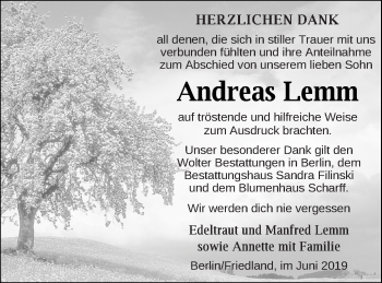 Traueranzeige von Andreas Lemm von Neubrandenburger Zeitung