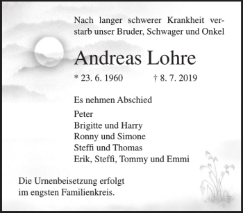 Traueranzeige von Andreas Lohre von Norddeutsche Neueste Nachrichten