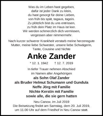 Traueranzeige von Anke Zander von Strelitzer Zeitung