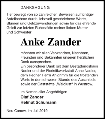 Traueranzeige von Anke Zander von Strelitzer Zeitung