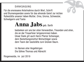 Traueranzeige von Anna Jabs von Templiner Zeitung