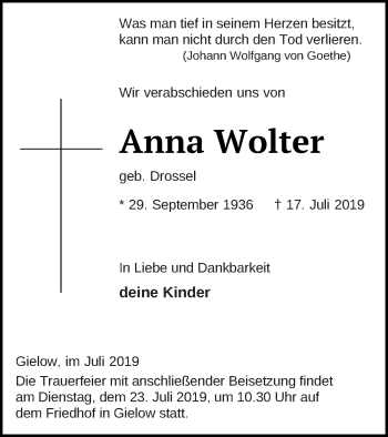 Traueranzeige von Anna Wolter von Mecklenburger Schweiz