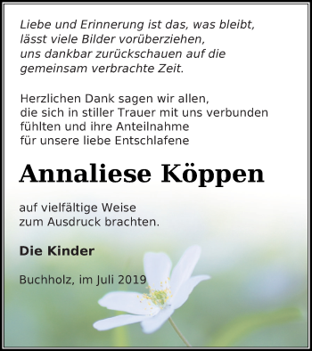 Traueranzeige von Annaliese Köppen von Müritz-Zeitung