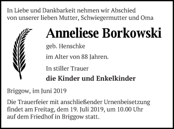 Traueranzeige von Anneliese Borkowski von Mecklenburger Schweiz