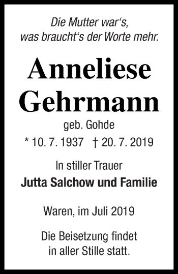 Traueranzeige von Anneliese Gehrmann von Vorpommern Kurier