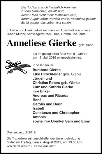 Traueranzeige von Anneliese Gierke von Prenzlauer Zeitung