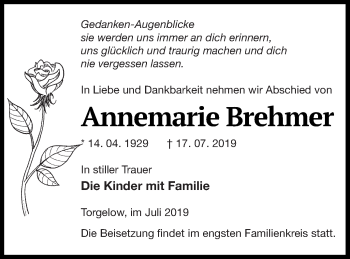 Traueranzeige von Annemarie Brehmer von Haff-Zeitung