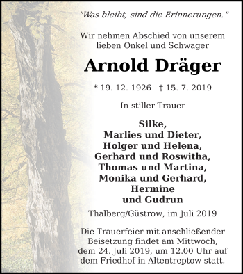 Traueranzeige von Arnold Dräger von Neubrandenburger Zeitung