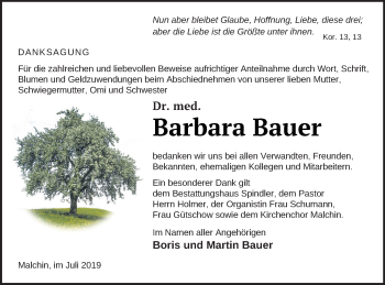 Traueranzeige von Barbara Bauer von Mecklenburger Schweiz