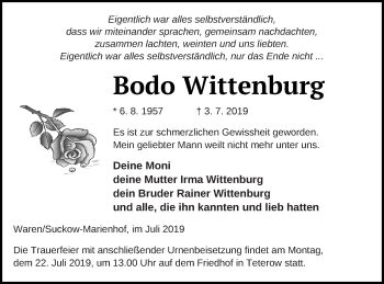 Traueranzeige von Bodo Wittenburg von Mecklenburger Schweiz