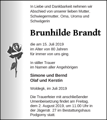 Traueranzeige von Brunhilde Brandt von Strelitzer Zeitung