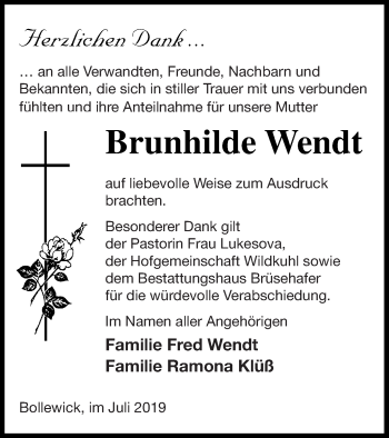 Traueranzeige von Brunhilde Wendt von Müritz-Zeitung