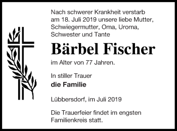 Traueranzeige von Bärbel Fischer von Neubrandenburger Zeitung