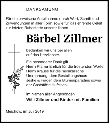 Traueranzeige von Bärbel Zillmer von Prenzlauer Zeitung