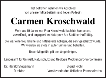 Traueranzeige von Carmen Kroschwald von Haff-Zeitung