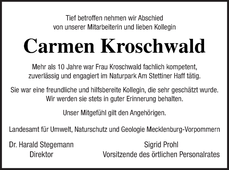  Traueranzeige für Carmen Kroschwald vom 12.07.2019 aus Haff-Zeitung