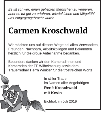 Traueranzeige von Carmen Kroschwald von Haff-Zeitung