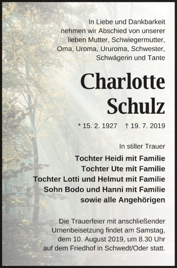 Traueranzeige von Charlotte Schulz von Pasewalker Zeitung