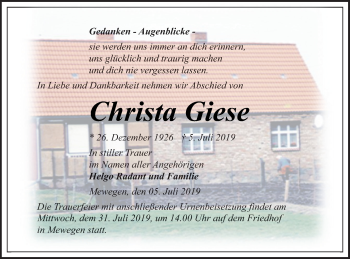 Traueranzeige von Christa Giese von Pasewalker Zeitung