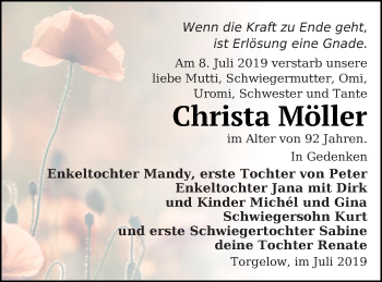 Traueranzeige von Christa Möller von Haff-Zeitung