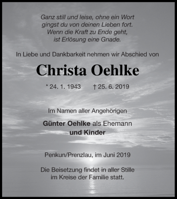 Traueranzeige von Christa Oehlke von Prenzlauer Zeitung