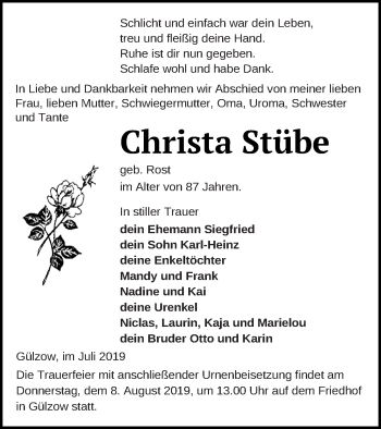 Traueranzeige von Christa Stübe von Mecklenburger Schweiz