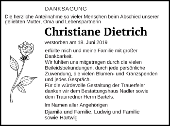 Traueranzeige von Christiane Dietrich von Strelitzer Zeitung