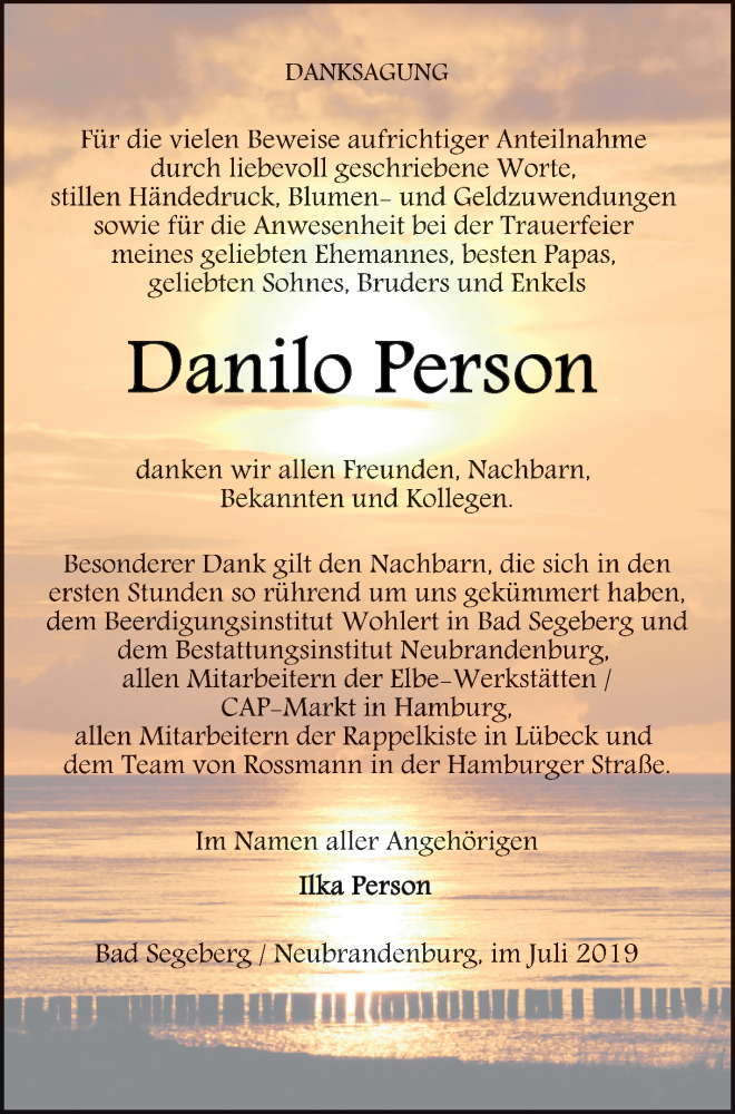  Traueranzeige für Danilo Person vom 19.07.2019 aus Neubrandenburger Zeitung