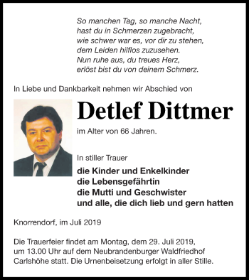 Traueranzeige von Detlef Dittmer von Neubrandenburger Zeitung