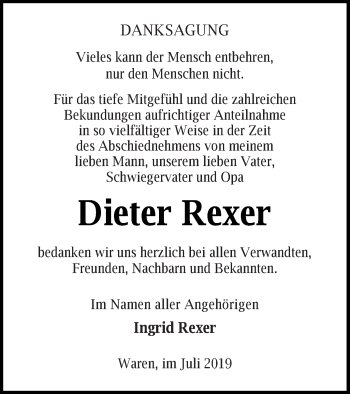 Traueranzeige von Dieter Rexer von Mecklenburger Schweiz