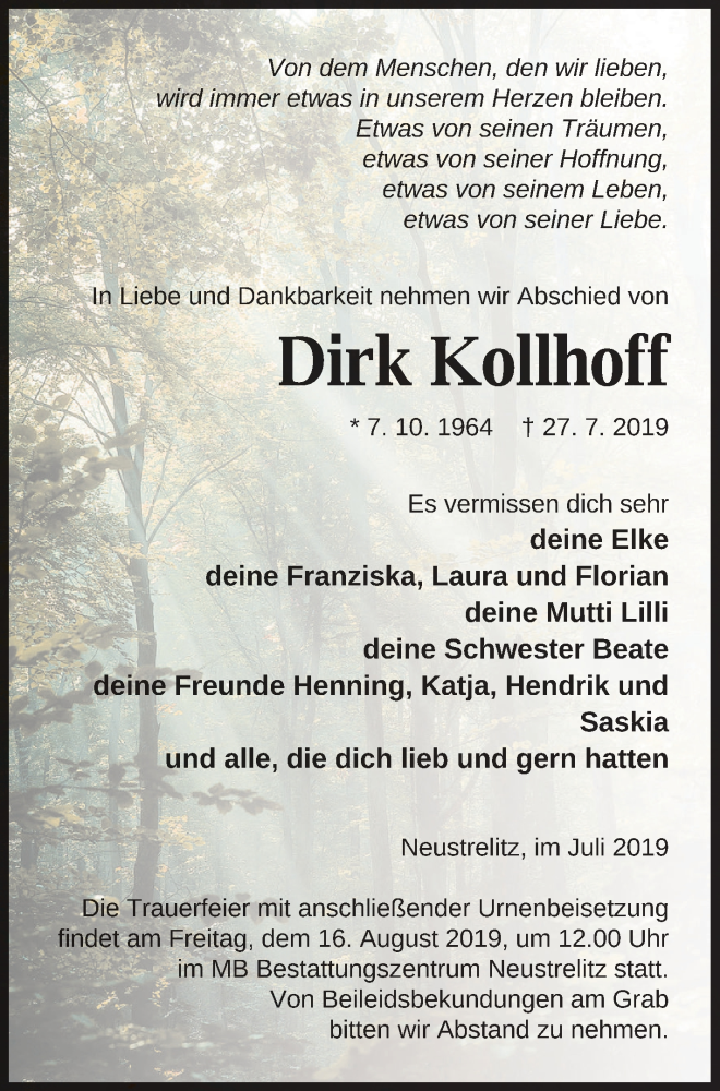  Traueranzeige für Dirk Kollhoff vom 31.07.2019 aus Strelitzer Zeitung
