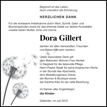 Traueranzeige von Dora Gillert von Vorpommern Kurier