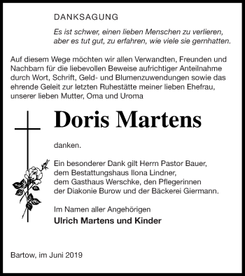 Traueranzeige von Doris Martens von Vorpommern Kurier