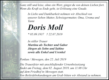 Traueranzeige von Doris Moll von Pasewalker Zeitung