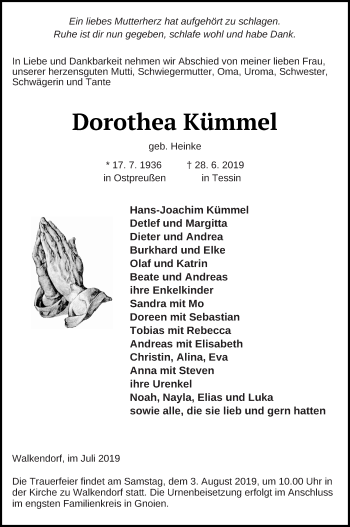 Traueranzeige von Dorothea Kümmel von Mecklenburger Schweiz